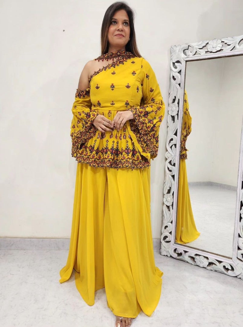 Yellow georgette thread sequence work designer palazzo suit