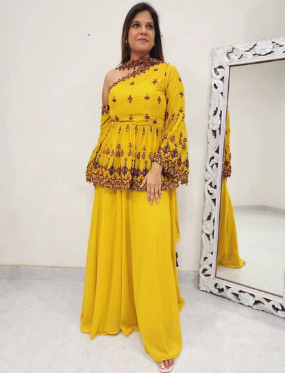 Yellow georgette thread sequence work designer palazzo suit