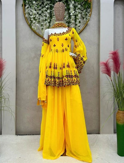 Yellow georgette thread sequence work designer palazzo suit