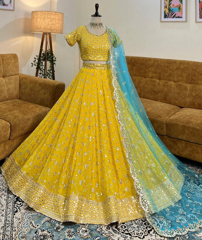 Yellow georgette thread sequence work lehenga choli for ceremony