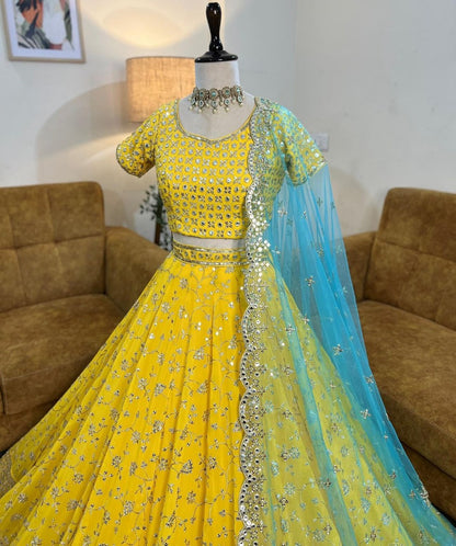 Yellow georgette thread sequence work lehenga choli for ceremony