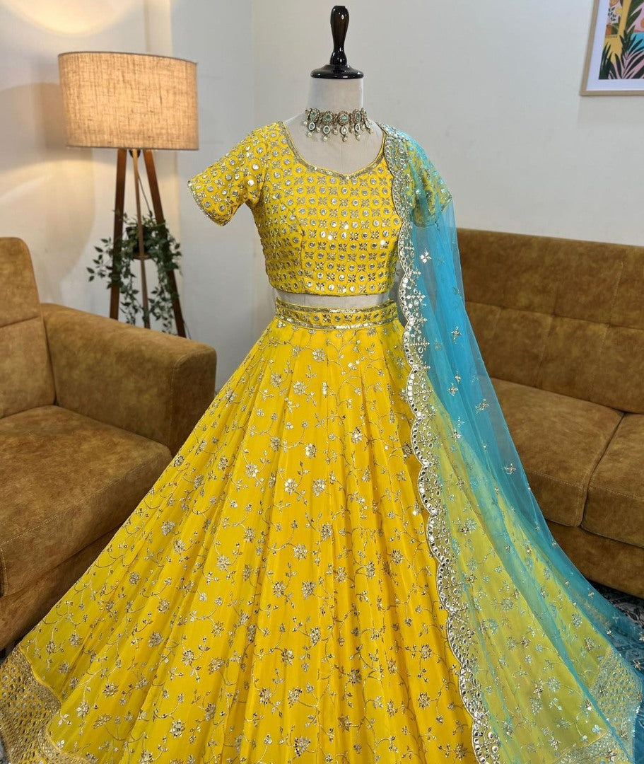 Yellow georgette thread sequence work lehenga choli for ceremony