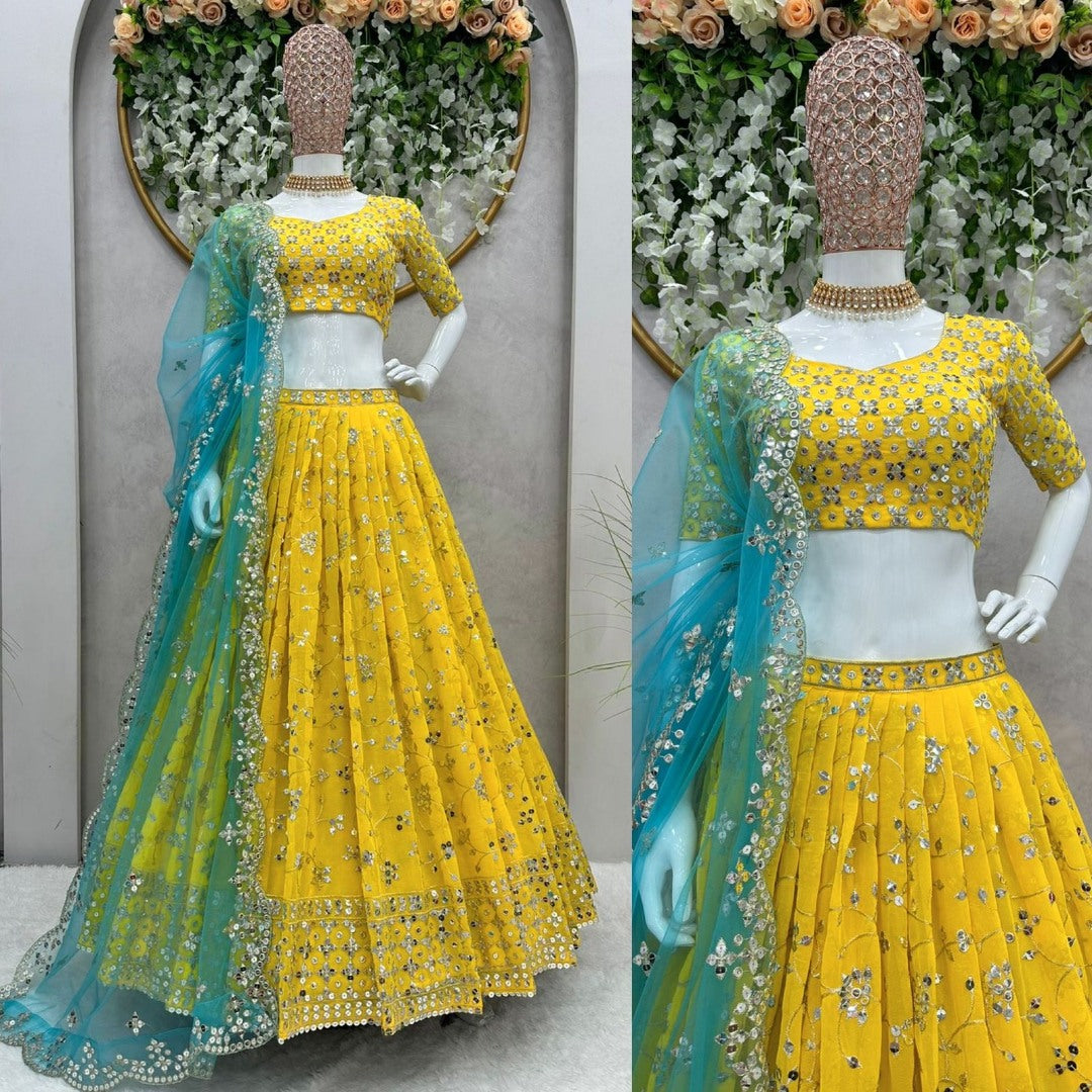 Yellow georgette thread sequence work lehenga choli for ceremony