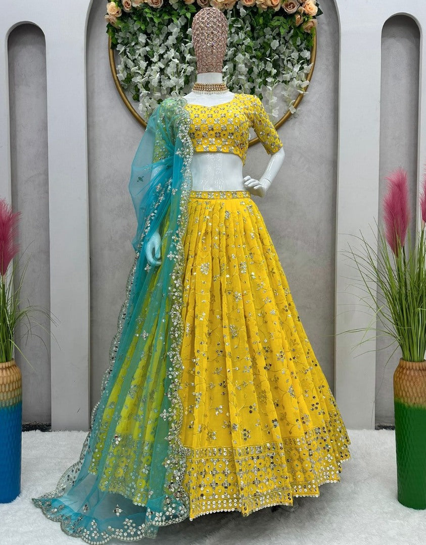 Yellow georgette thread sequence work lehenga choli for ceremony