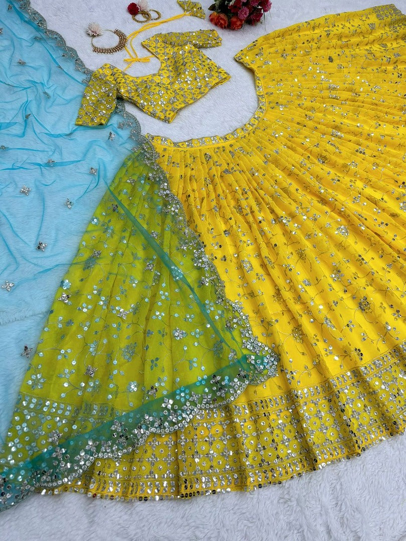 Yellow georgette thread sequence work lehenga choli for ceremony