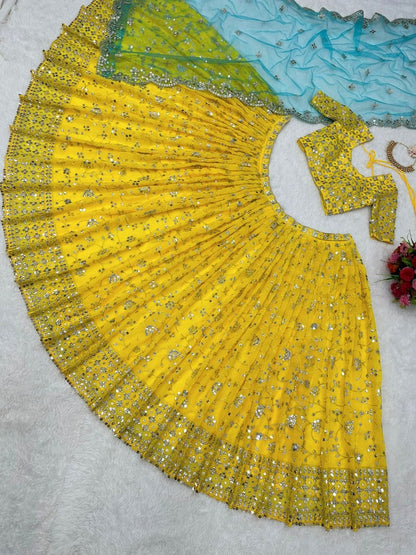 Yellow georgette thread sequence work lehenga choli for ceremony