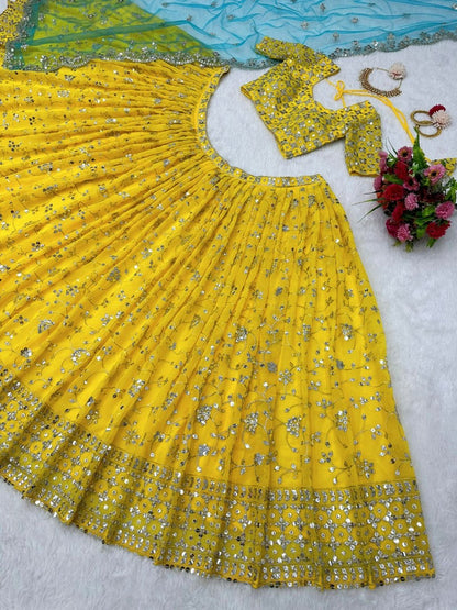 Yellow georgette thread sequence work lehenga choli for ceremony