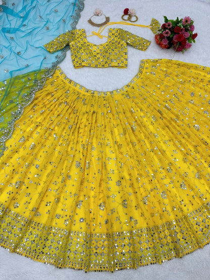 Yellow georgette thread sequence work lehenga choli for ceremony