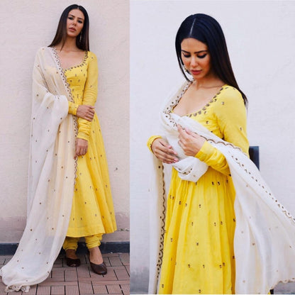 Yellow georgette thread worked beautiful anarkali suit