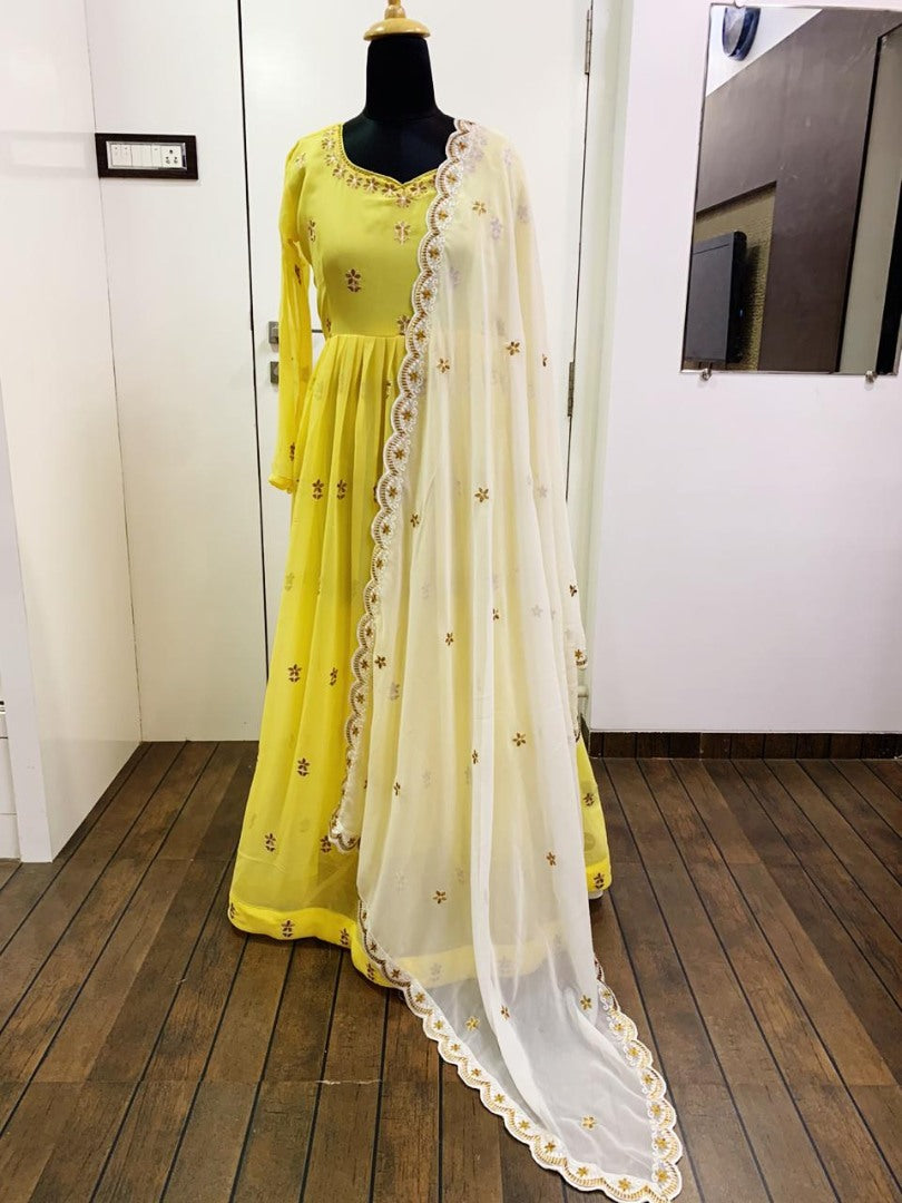 Yellow georgette thread worked beautiful anarkali suit