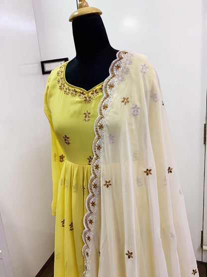 Yellow georgette thread worked beautiful anarkali suit