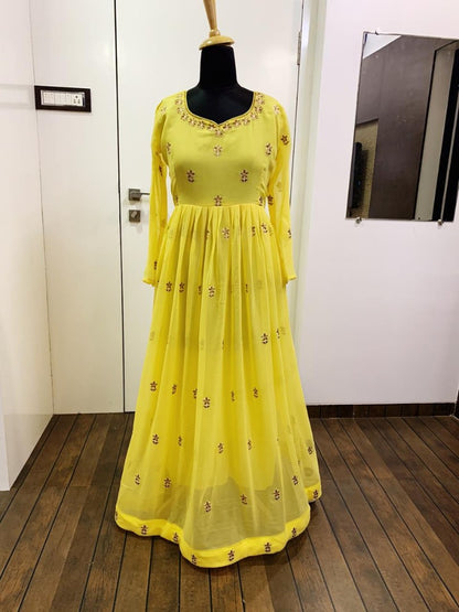 Yellow georgette thread worked beautiful anarkali suit