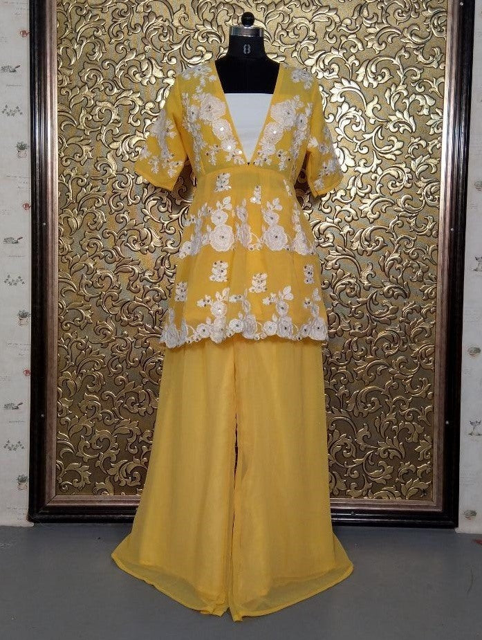 yellow georgette threadworked top plazzo suit