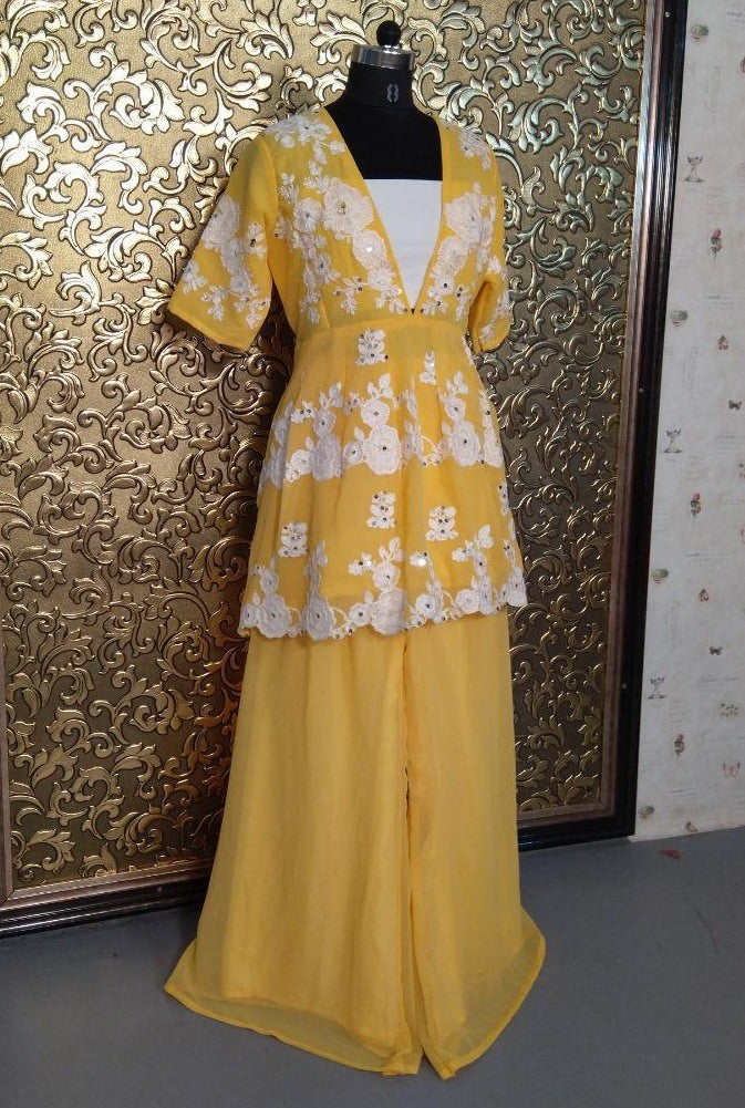 yellow georgette threadworked top plazzo suit