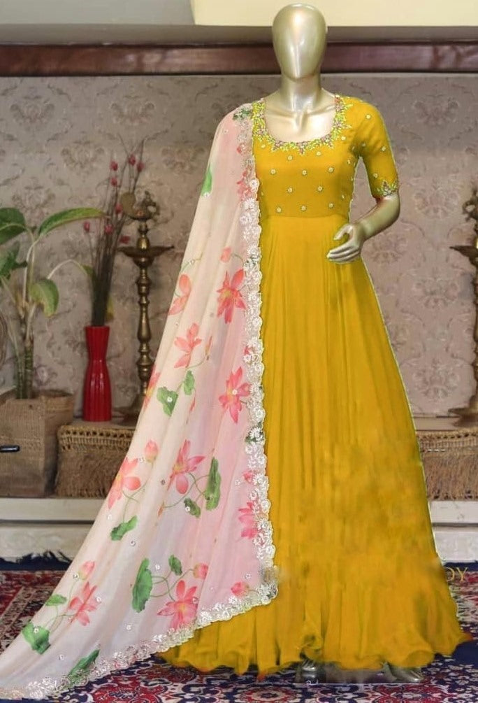 Yellow georgette unbrella flair long gown with printed dupatta