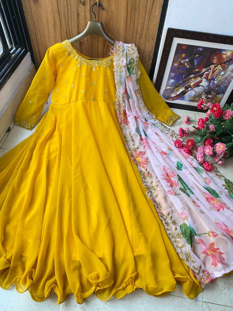 Yellow georgette unbrella flair long gown with printed dupatta