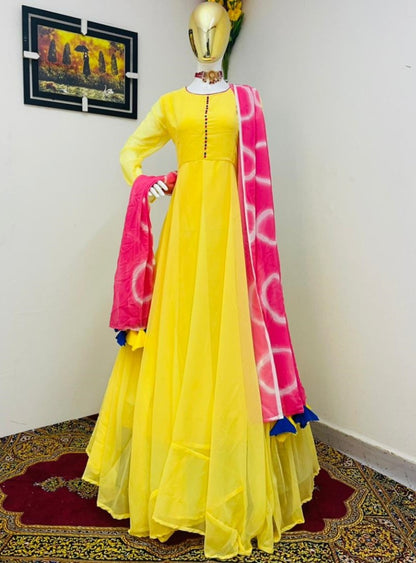 Yellow georgette with chain work fully sleeve gown with dupatta