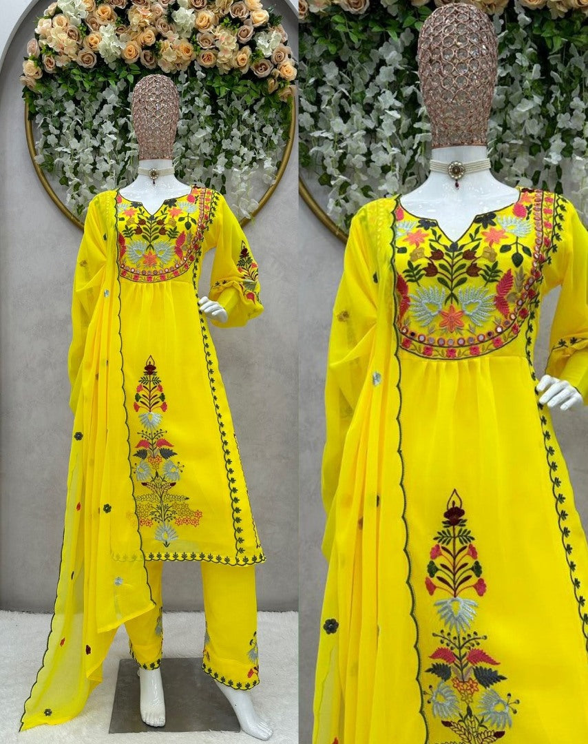 Yellow georgettte multi thread embroidery work designer palazzo suit