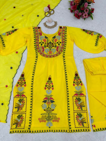 Yellow georgettte multi thread embroidery work designer palazzo suit