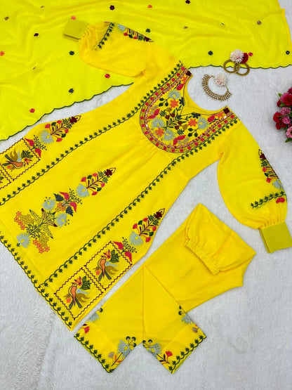 Yellow georgettte multi thread embroidery work designer palazzo suit