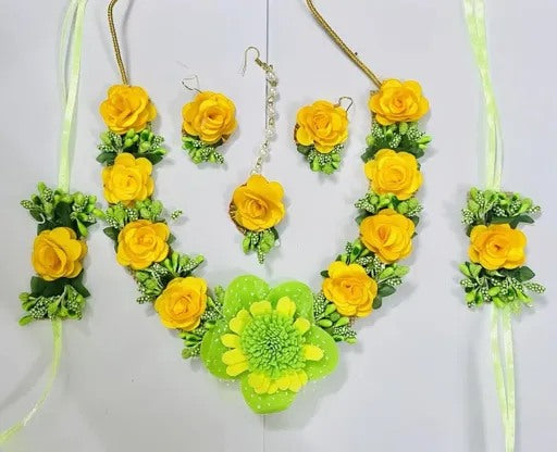 Yellow Green Flower Jewellery Set for Women & Girls (Mehandi/Haldi/Bridal/Baby Shower/Marriage/Wedding)