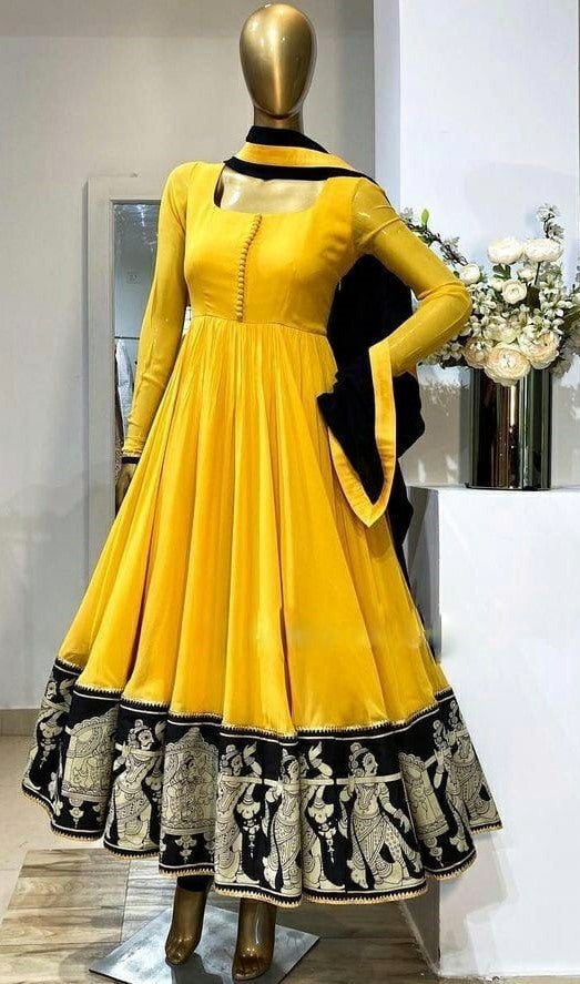 Yellow heavy georgette digital printed work ceremonial wear gown with dupatta