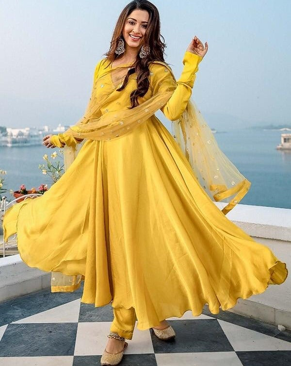 Yellow heavy japan silk anarkali gown with salwar