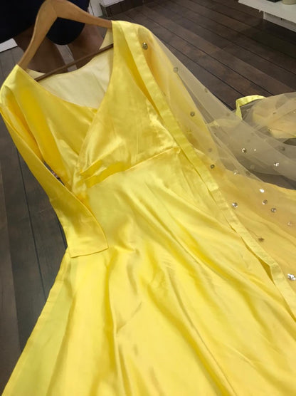 Yellow heavy japan silk anarkali gown with salwar