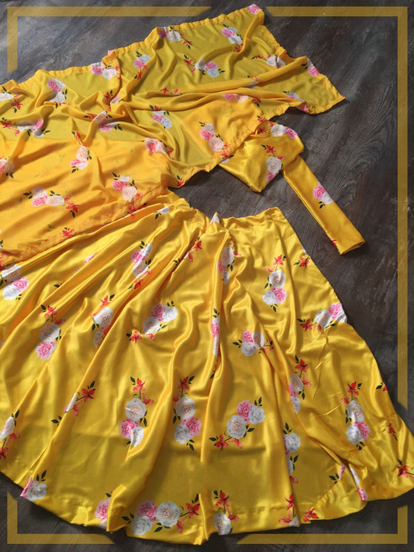 Yellow heavy satin floral digital printed lehenga choli
