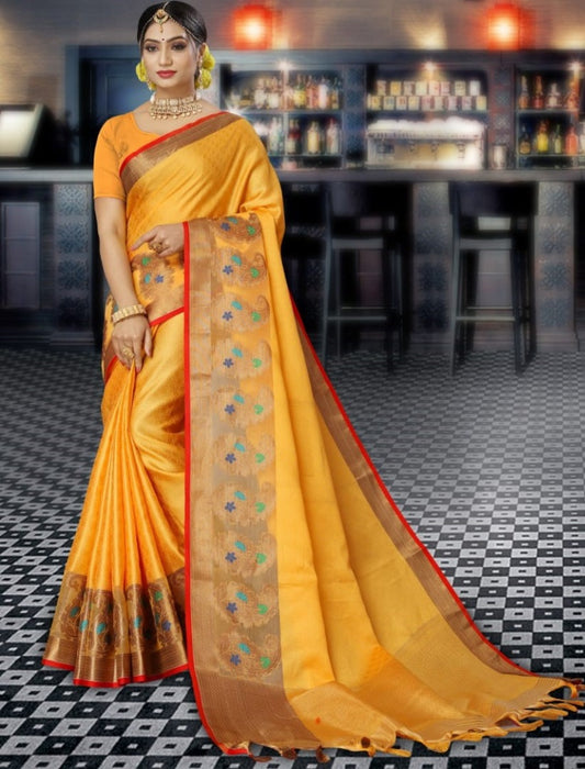Yellow kora muslin jacquard weaving work wedding saree