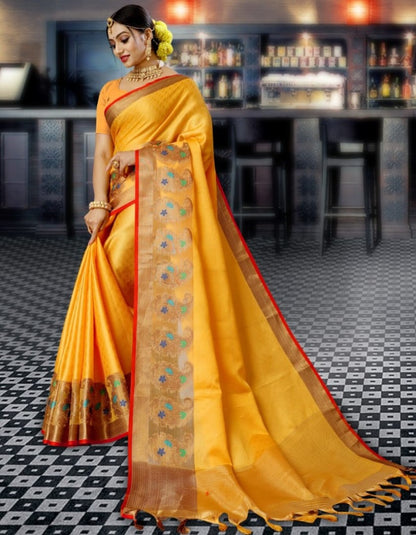 Yellow kora muslin jacquard weaving work wedding saree