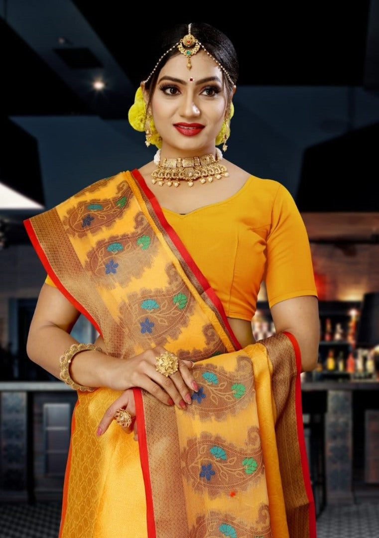 Yellow kora muslin jacquard weaving work wedding saree