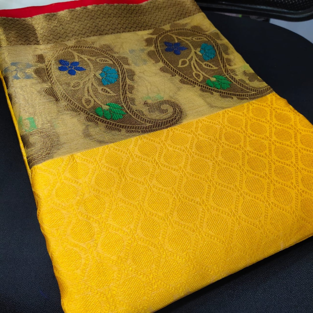 Yellow kora muslin jacquard weaving work wedding saree