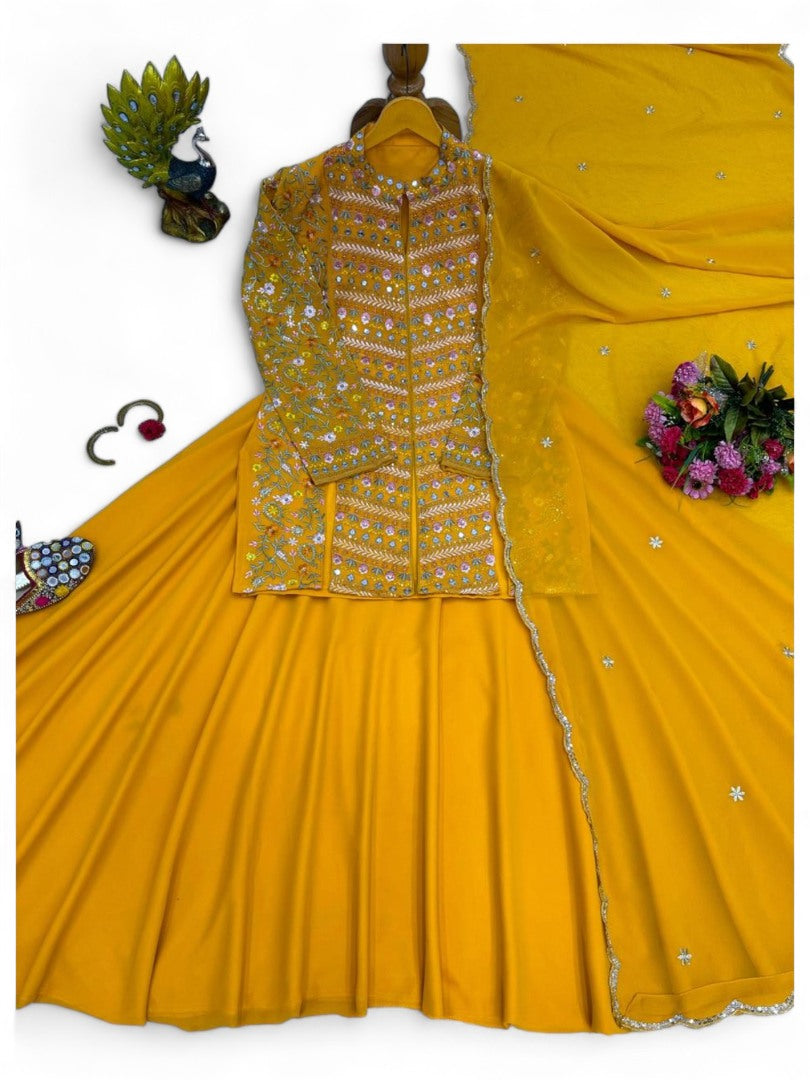 Yellow lehenga with long heavy work choli