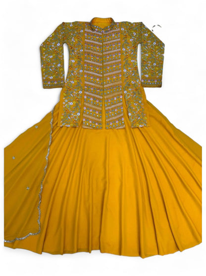 Yellow lehenga with long heavy work choli