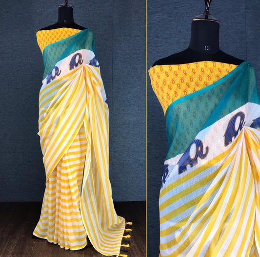 Yellow linen digital print cotton tussles work saree