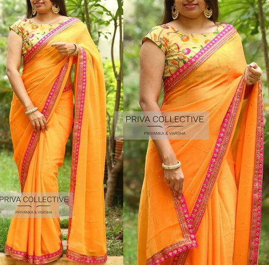 yellow marbel silk festival wear saree with embroidered blouse