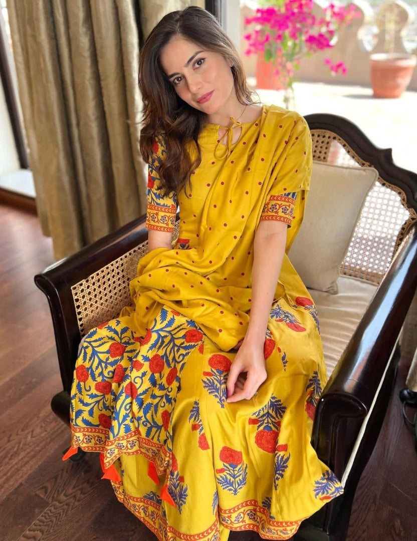 Yellow muslin cotton printed anarkail gown