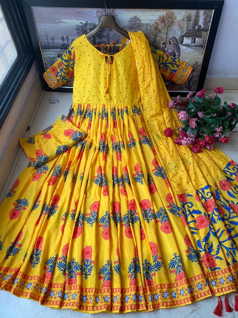 Yellow muslin cotton printed anarkail gown