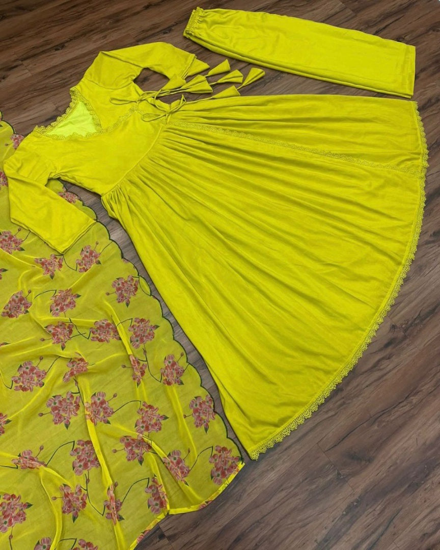 Yellow muslin silk kedia style anarkali palazzo suit
