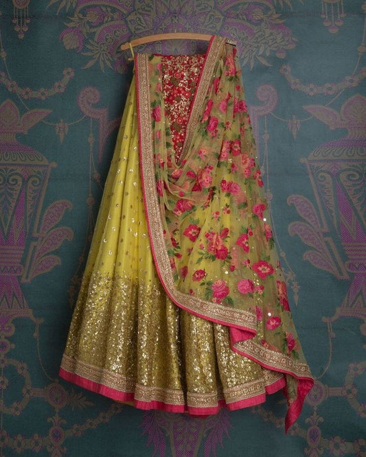 yellow net with sequence embroidered lehenga