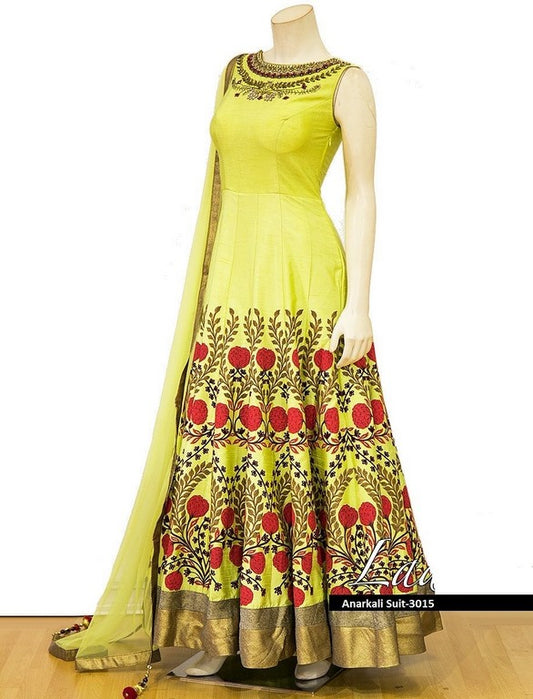 Yellow nura silk designer zardoshi worked gown style anarkali suit