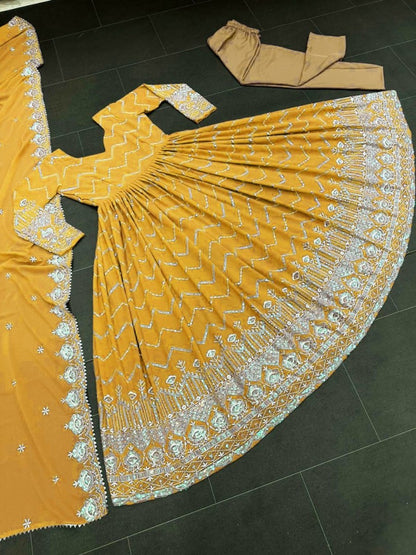 Yellow organza emboroidered anarkali suit for ceremony