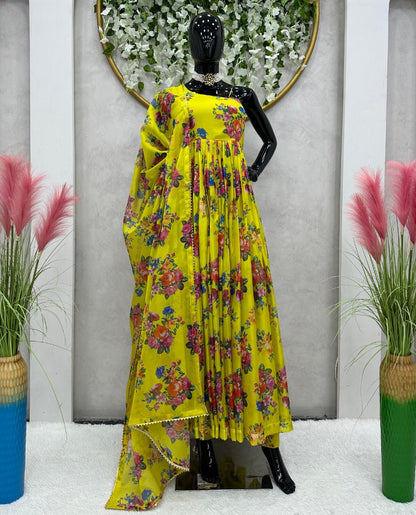 Yellow organza floral printed heavy flair anarkali gown