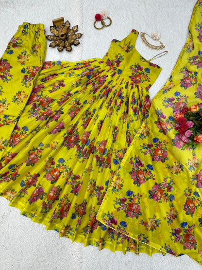 Yellow organza floral printed heavy flair anarkali gown