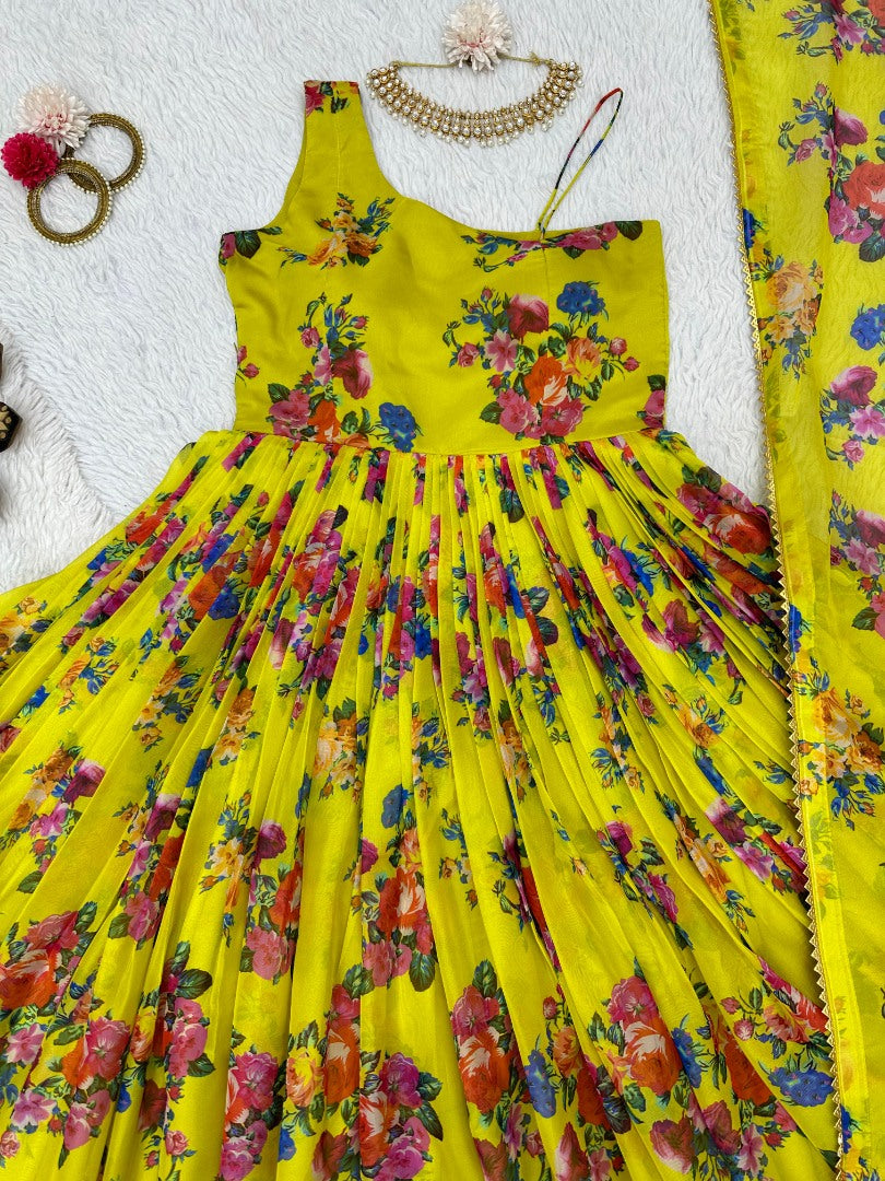 Yellow organza floral printed heavy flair anarkali gown