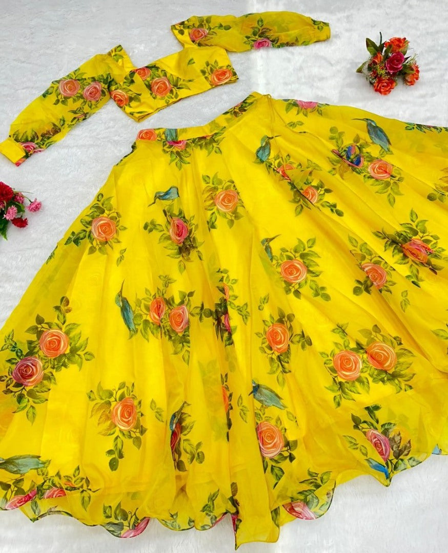 Yellow organza floral printed lehenga choli for haldi ceremony