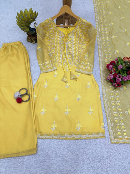 Yellow organza plazzo suit for summer