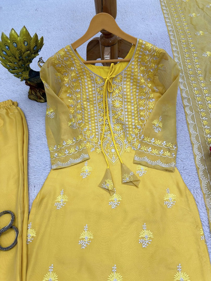 Yellow organza plazzo suit for summer