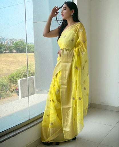 Yellow organza sequence embroidered designer party wear saree
